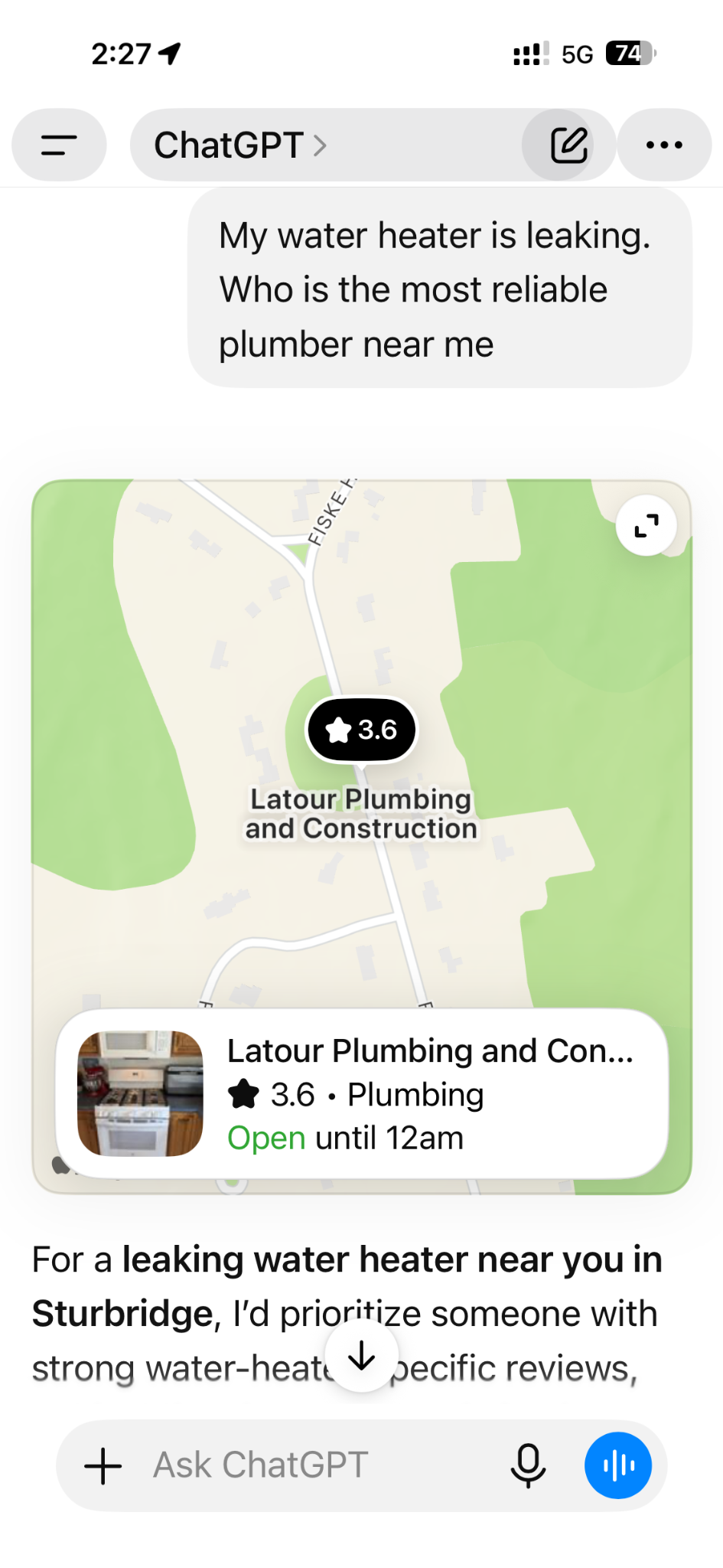 ChatGPT recommending a local plumbing business with map and business listing